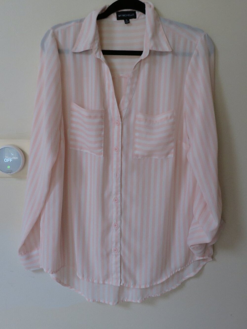 Pink White Striped Sheer Button Down Long Sleeve Shirt My Michelle XL